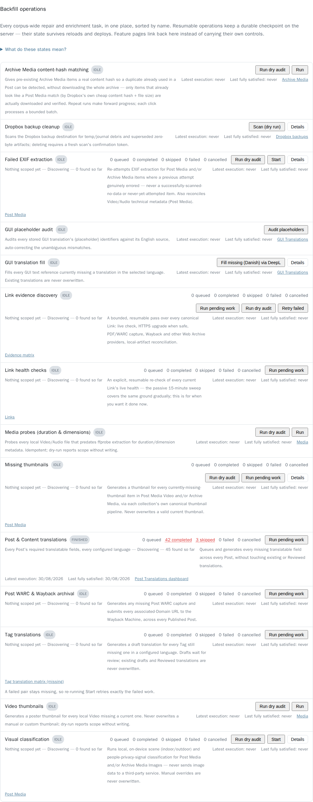 The Backfill operations section, sorted by name, with each row's own current state